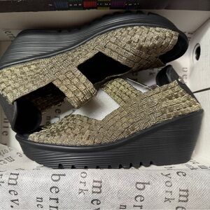 bernie mev. Metallic Gold Woven Wedge Slip-On Sandals